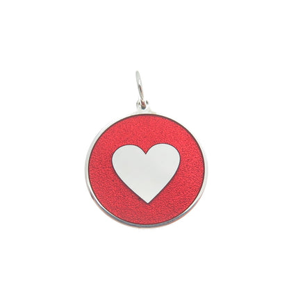 925 Sterling Silver Red Enamel Heart Round Tag Minimalist Charm Pendant