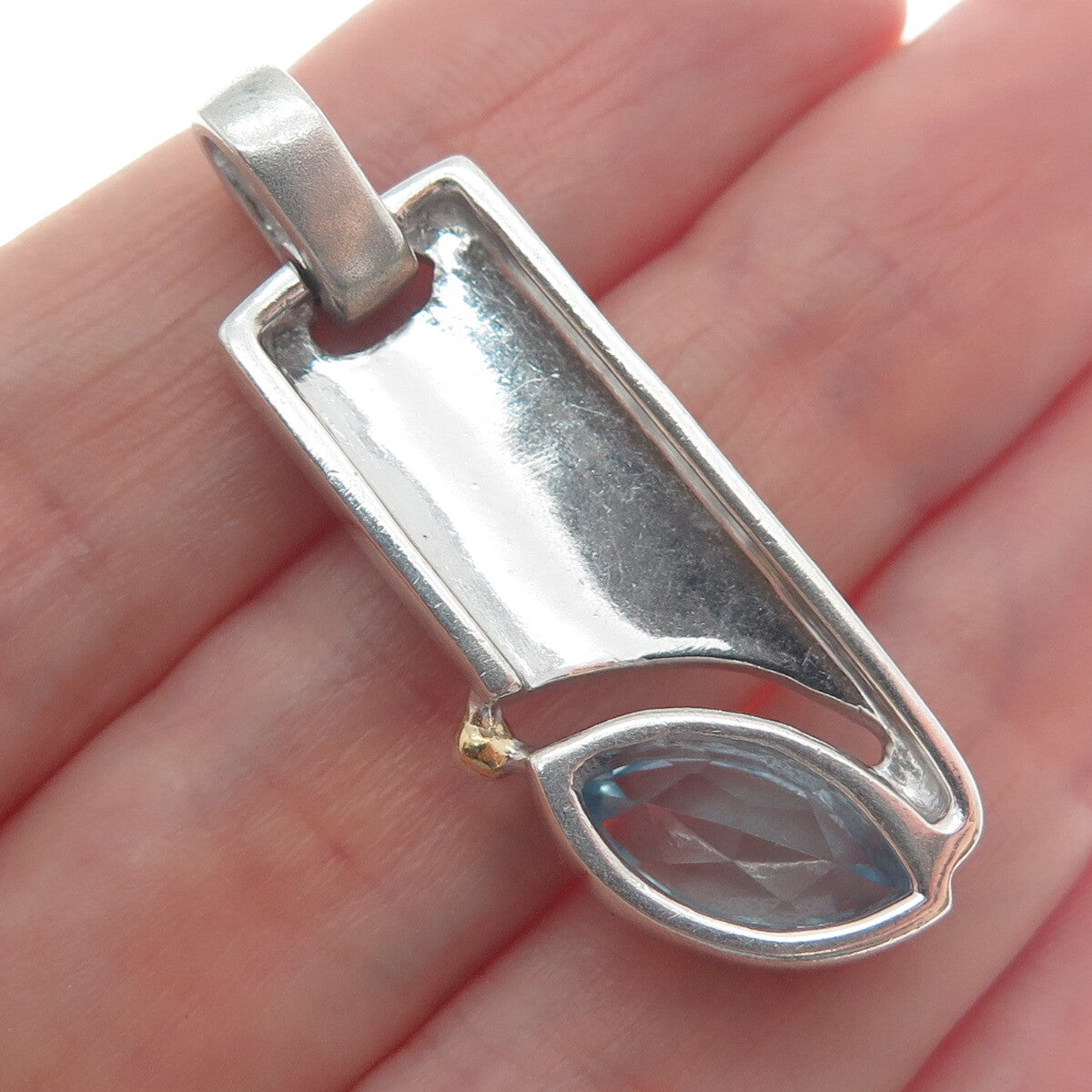 925 Sterling Silver Vintage Real Marquis-Cut Blue Topaz Gem Modernist Pendant
