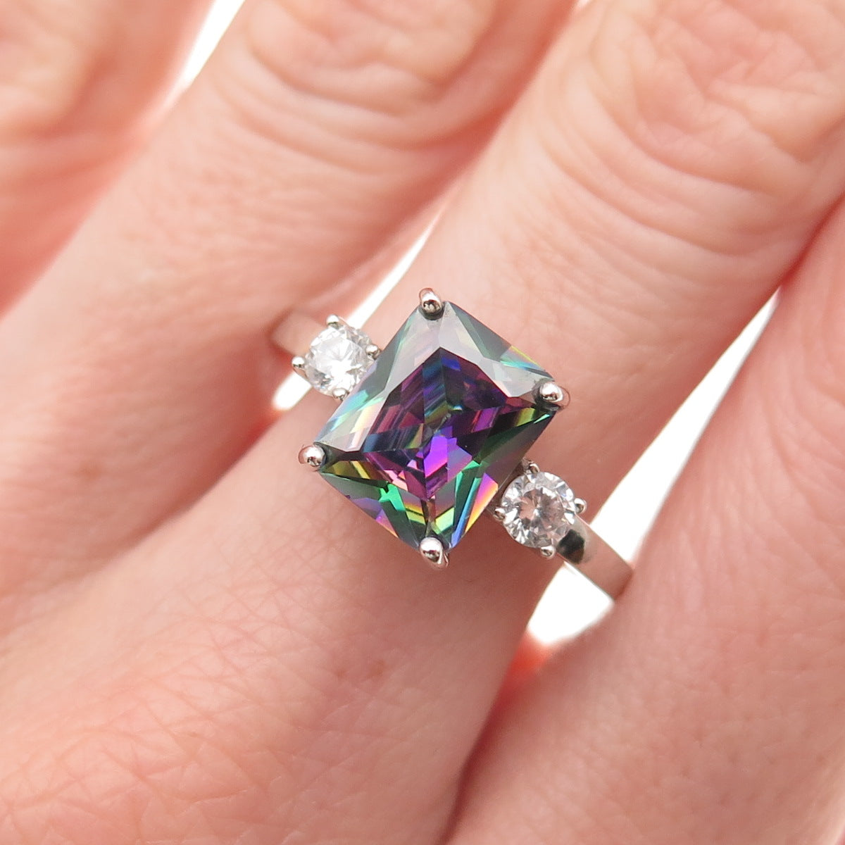 925 Sterling Silver Real Mystic Quartz & C Z Ring Size 10