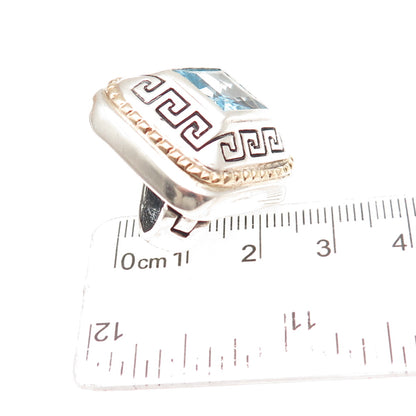 925 Sterling 18K Gold Vintage Italy Blue Topaz Greek Key Slide Charm Pendant