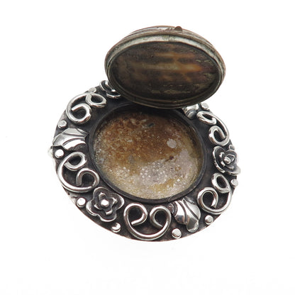 925 Sterling Silver Vintage Mexico Real MOP Oxidized Locket Pin Brooch / Pendant
