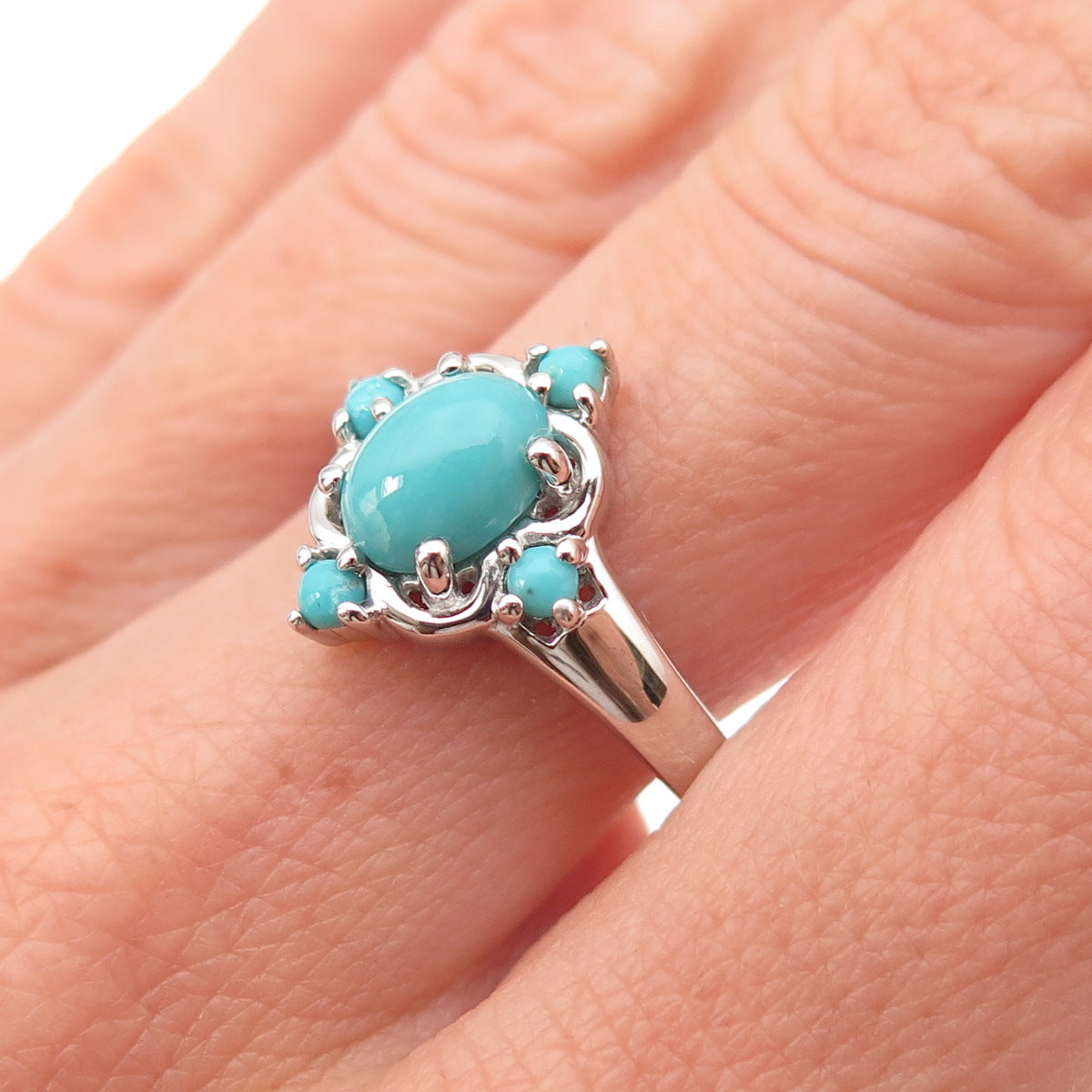 925 Sterling Silver Real Sleeping Beauty Turquoise Floral Ring Size 8