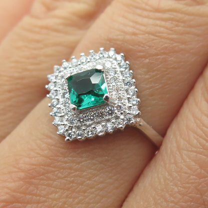 925 Sterling Silver Nano Emerald & Round-Cut C Z Ring Size 7.75