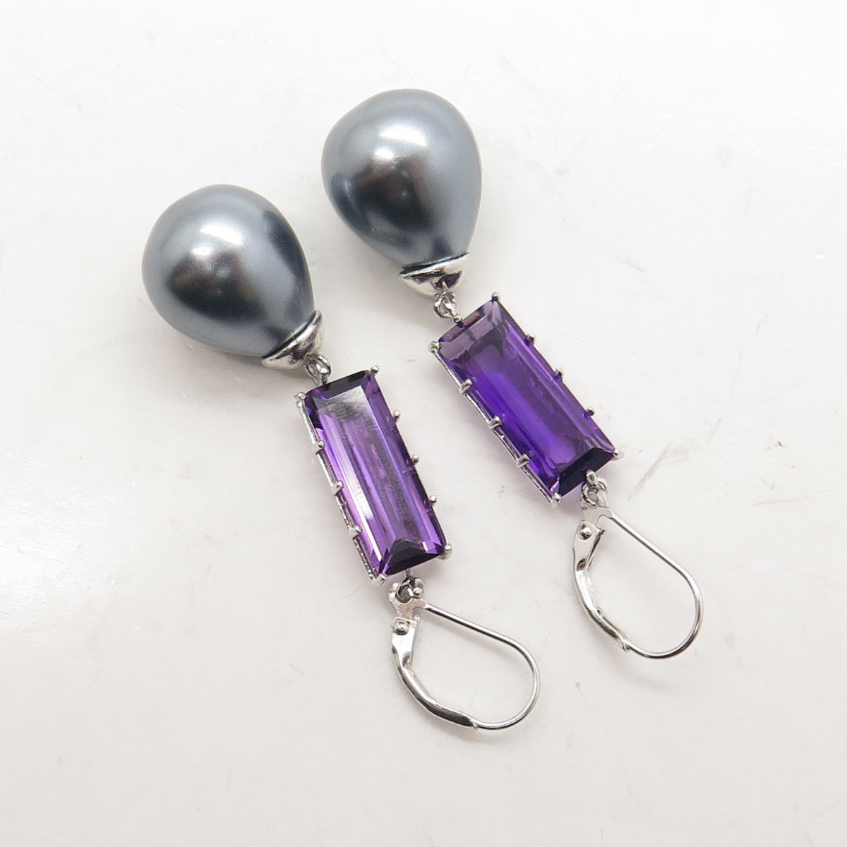 925 Sterling Silver Real Amethyst Gemstone & Faux Gray Pearl Dangling Earrings