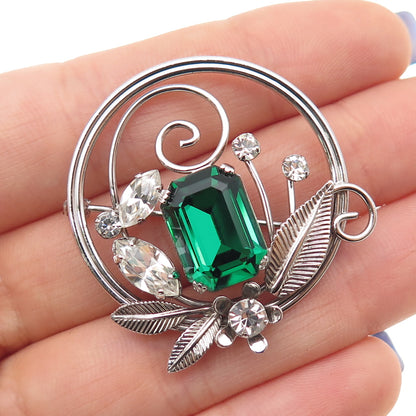 Van Dell 925 Sterling Silver Vintage Rhinestone Floral Oxidized Pin Brooch