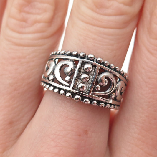 925 Sterling Silver Vintage Swirl Beaded Oxidized Ring Size 6.75