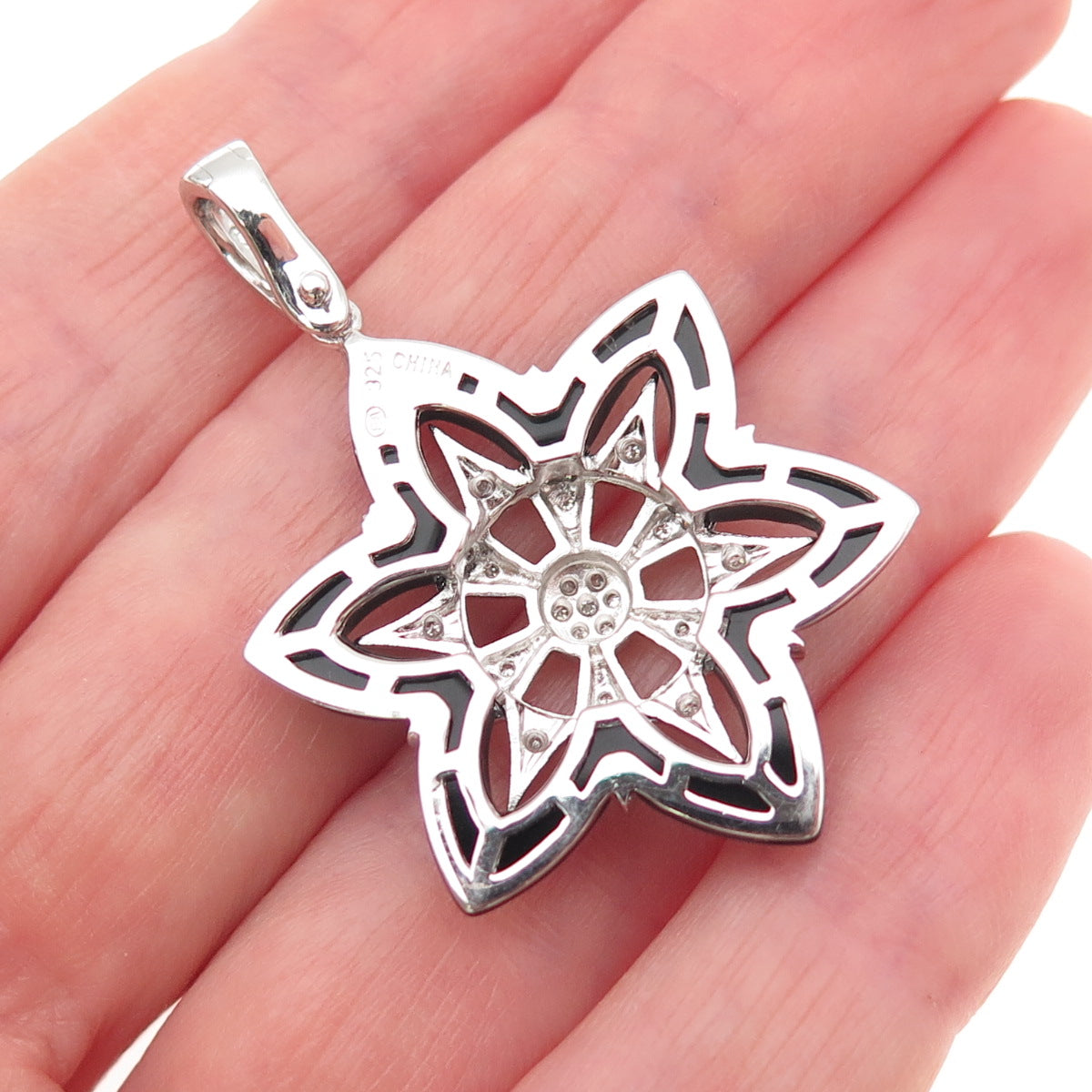 925 Sterling Silver Real Diamond & Black Onyx Floral Charm Pendant