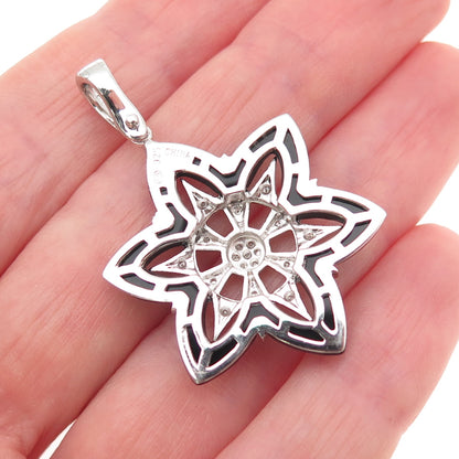 925 Sterling Silver Real Diamond & Black Onyx Floral Charm Pendant