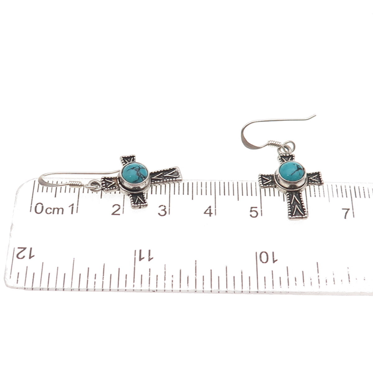 925 Sterling Silver Vintage Real Turquoise Cross Oxidized Dangle Earrings