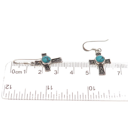 925 Sterling Silver Vintage Real Turquoise Cross Oxidized Dangle Earrings