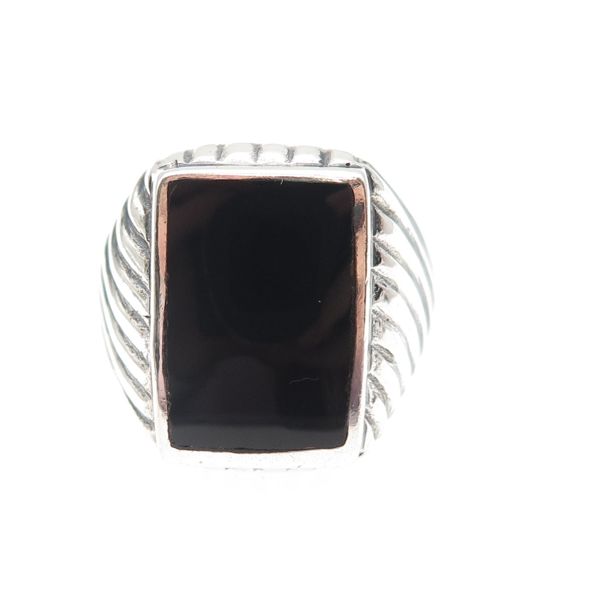 925 Sterling Silver Vintage Real Black Onyx Ribbed Oxidized Ring Size 9