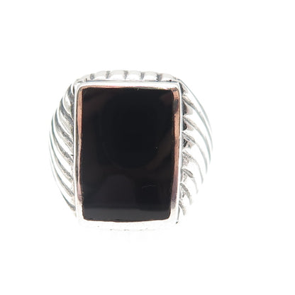 925 Sterling Silver Vintage Real Black Onyx Ribbed Oxidized Ring Size 9
