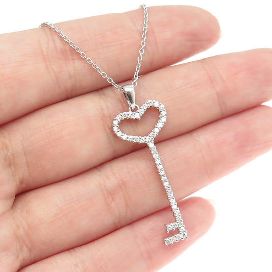 925 Sterling Silver Pave C Z Key Pendant Rolo Chain Necklace 18"