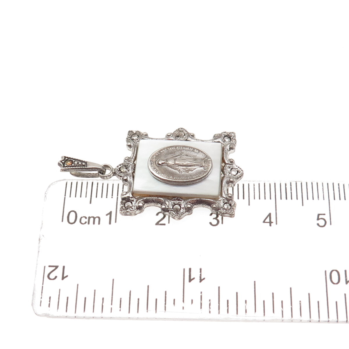 THEDA 925 Sterling Silver Antique Art Deco Real MOP & Marcasite St. Mary Pendant