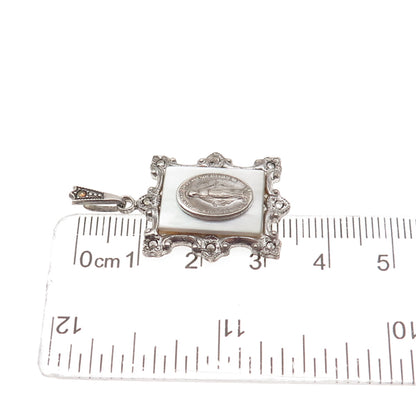 THEDA 925 Sterling Silver Antique Art Deco Real MOP & Marcasite St. Mary Pendant