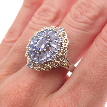 Chuck Clemency 925 Sterling Silver 2-Tone Real Tanzanite Floral Ring Size 8.25