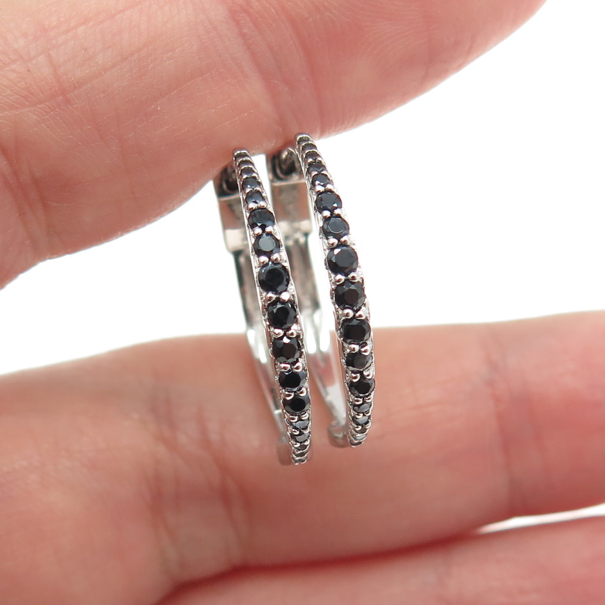 925 Sterling Silver Black C Z Huggie Earrings