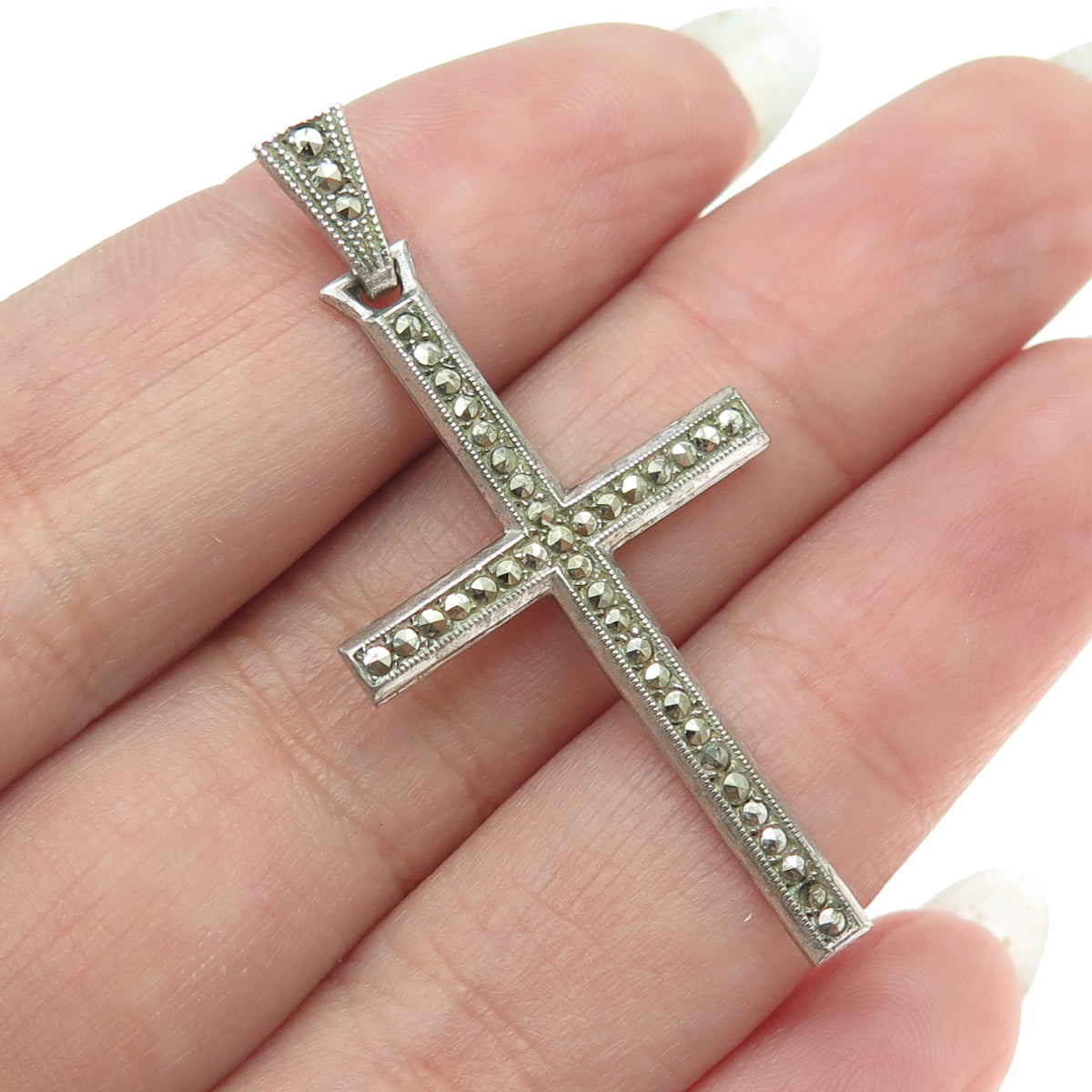 925 Sterling Silver Antique Art Deco Real Marcasite Cross Pendant