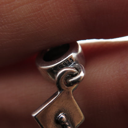 PANDORA 925 Sterling Silver Graduation Hat Oxidized Dangle Slide Charm