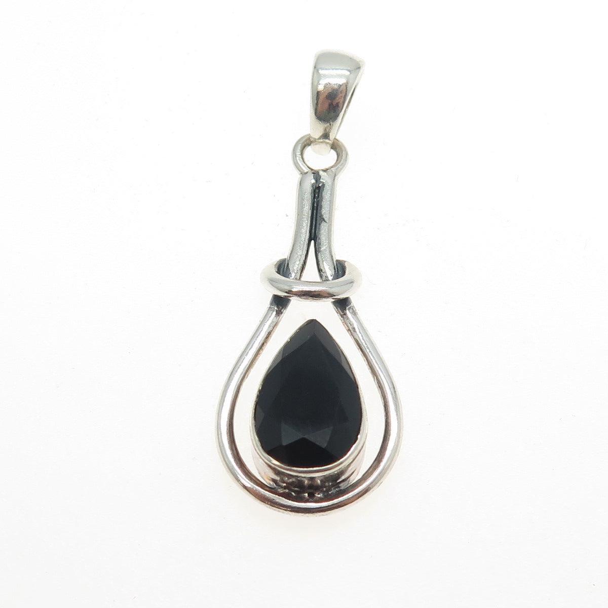 925 Sterling Silver Vintage Real Pear-Cut Black Spinel Modernist Pendant