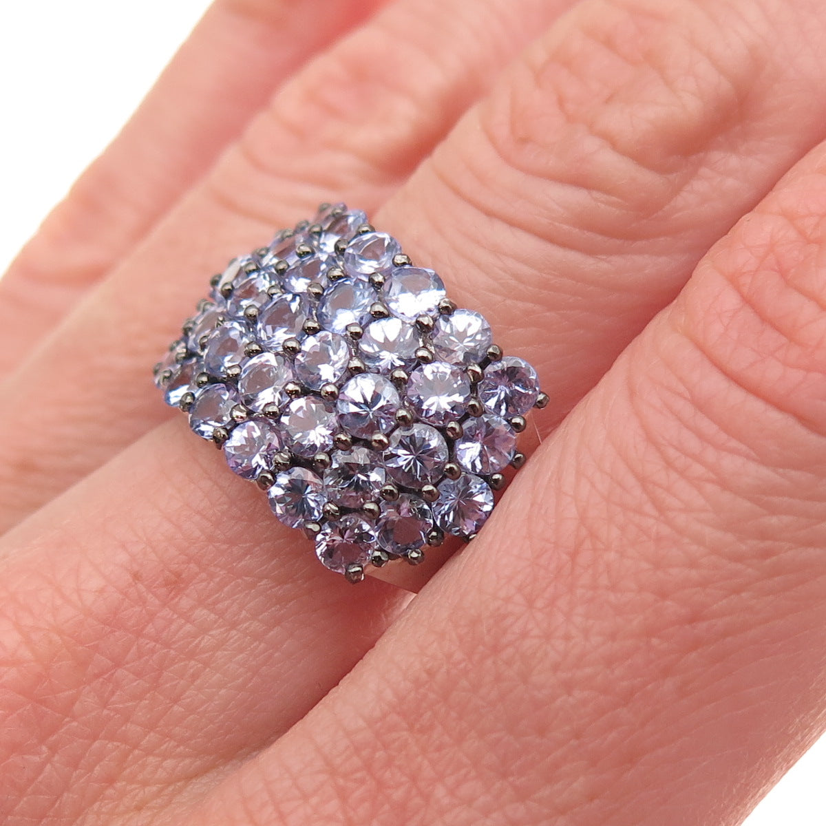 925 Sterling Silver Real Round-Cut Tanzanite Cluster Ring Size 8