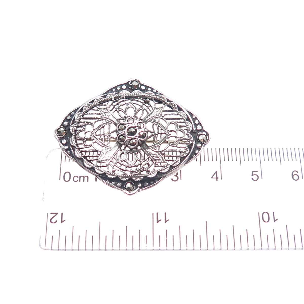 925 Sterling Silver Antique Art Deco Real Marcasite Filigree Oxidized Pin Brooch