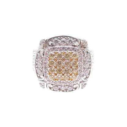 925 Sterling Silver 2-Tone Round-Cut Canary & White C Z Ring Size 7