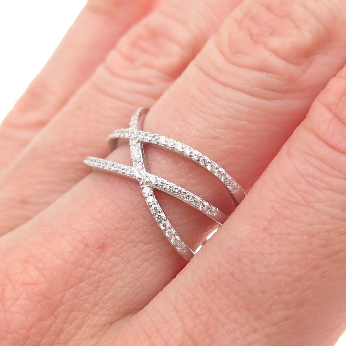 925 Sterling Silver Round-Cut C Z Crisscross Ring Size 7