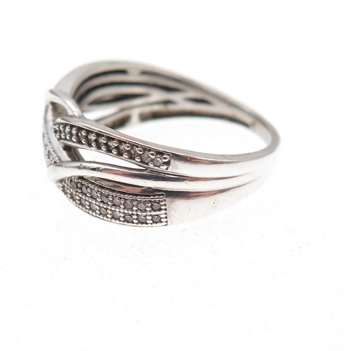925 Sterling Silver Real Round-Cut Diamond Woven Ring Size 6.75