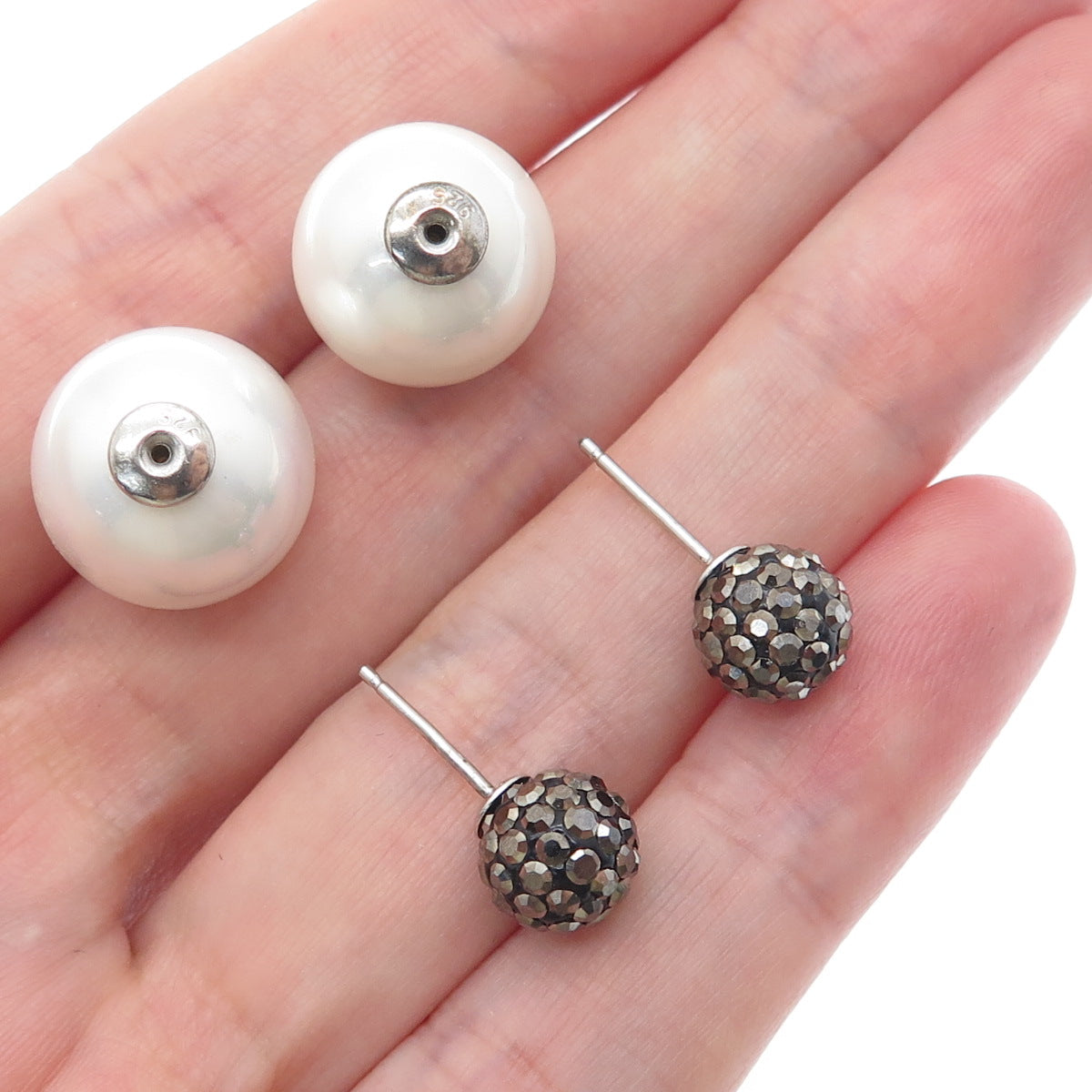 925 Sterling Silver Real Marcasite & Faux Pearl 10mm Double Sided Stud Earrings