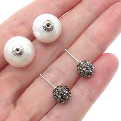 925 Sterling Silver Real Marcasite & Faux Pearl 10mm Double Sided Stud Earrings