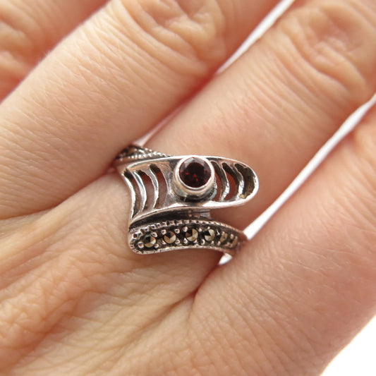925 Sterling Silver Vintage Red Garnet & Marcasite Gem Bypass Ring Size 7.75
