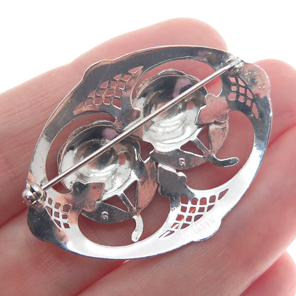 925 Sterling Silver Antique Art Deco Marcasite Gem Couple of Roses Pin Brooch