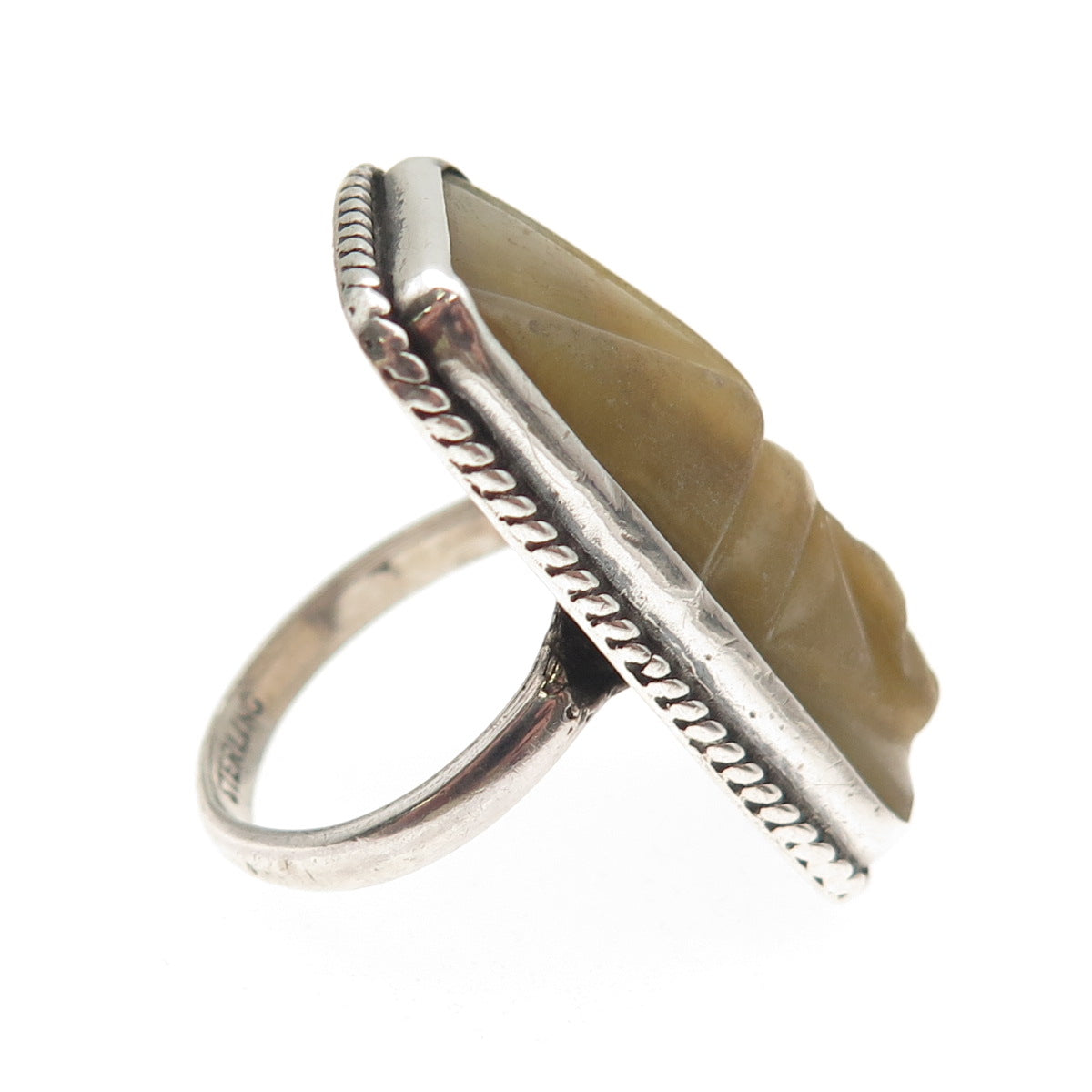 925 Sterling Silver Vintage Real Jade Carved Aztec God Face Ring Size 6.5