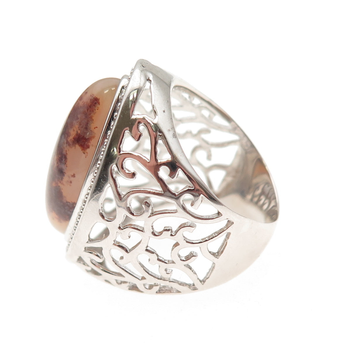 Ken Crafts 925 Sterling Silver Real Agate Floral Scroll Ring Size 7.25