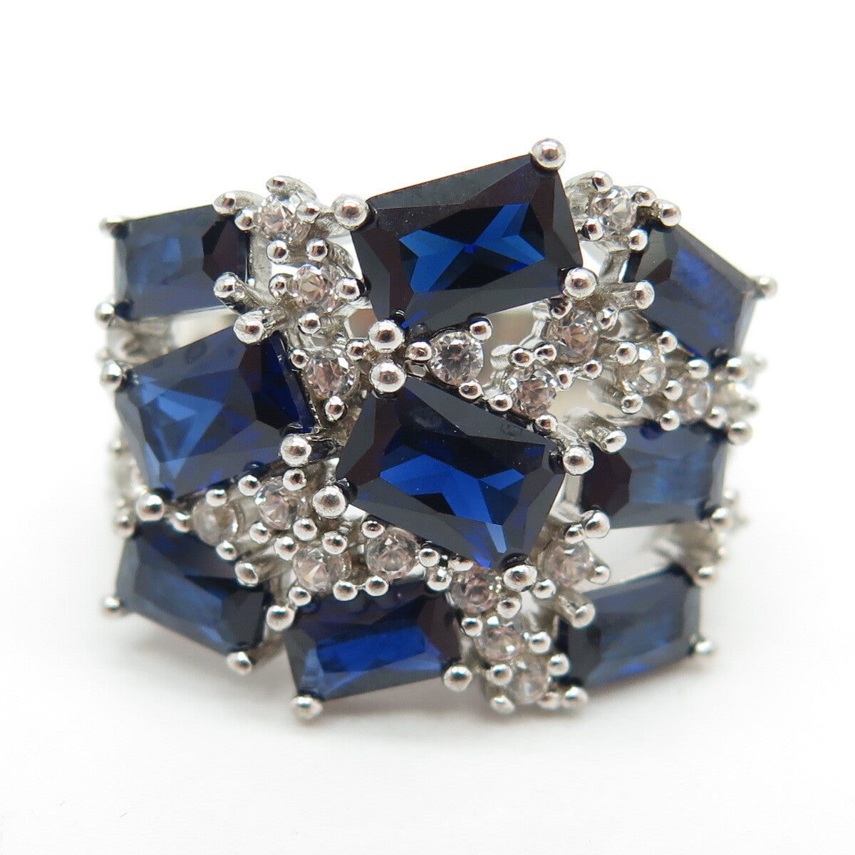 925 Sterling Silver Real White Topaz Gemstone & Lab-Created Sapphire Ring Size 6