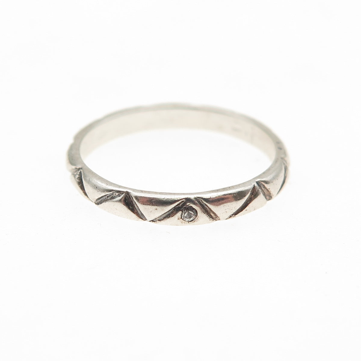 925 Sterling Silver Vintage Real White Topaz Zig Zag Band Ring Size 6