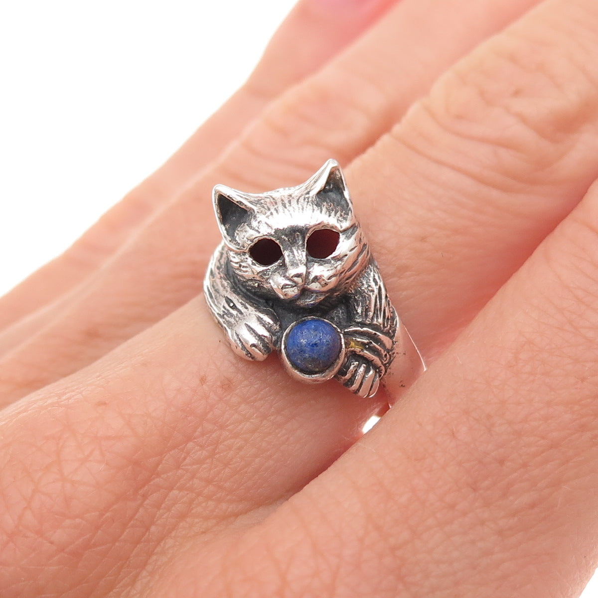 925 Sterling Silver Vintage Real Lapis Cat Oxidized Ring Size 7