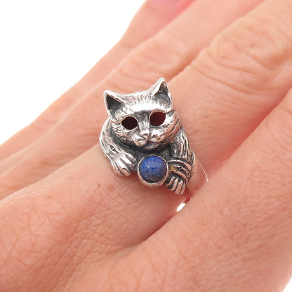 925 Sterling Silver Vintage Real Lapis Cat Oxidized Ring Size 7