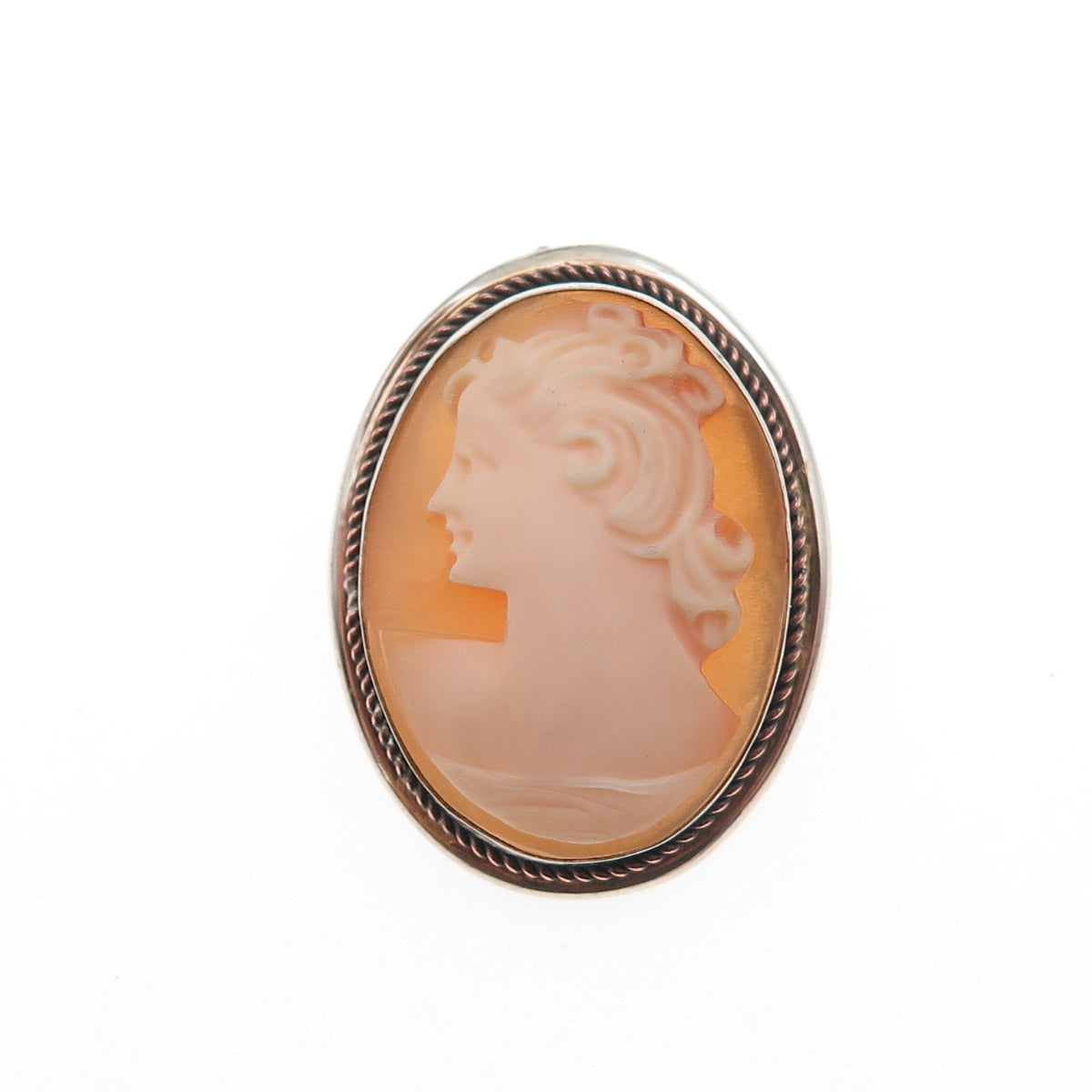 800 Silver 2-Tone Vintage Real MOP Carved Lady Cameo Pin Brooch / Pendant