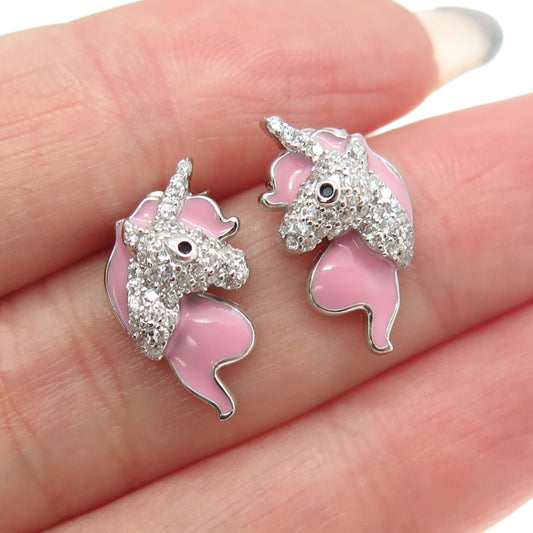 925 Sterling Silver C Z & Pink Enamel Unicorn Stud Earrings