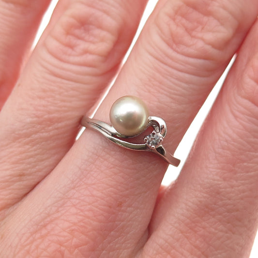 925 Sterling Silver Vintage Real Pearl & Round-Cut C Z Ring Size 7