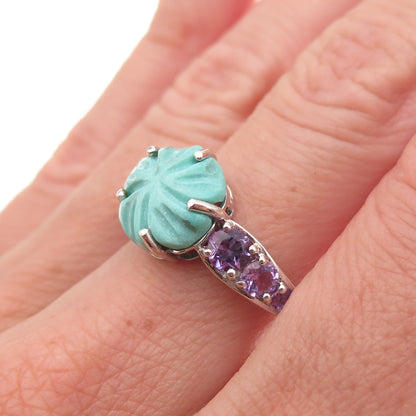 Chuck Clemency 925 Sterling Silver Real Turquoise Amethyst Floral Ring Size 8.25
