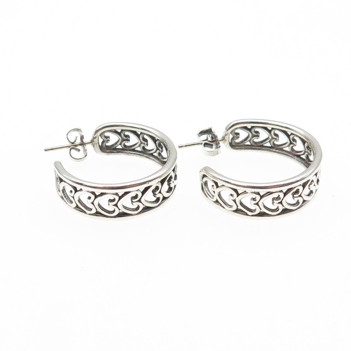 925 Sterling Silver Vintage Heart Link Oxidized Hoop Earrings