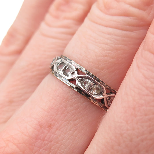 925 Sterling Silver 9K Gold Vintage SGW Rhinestone Oxidized Band Ring Size 6.5