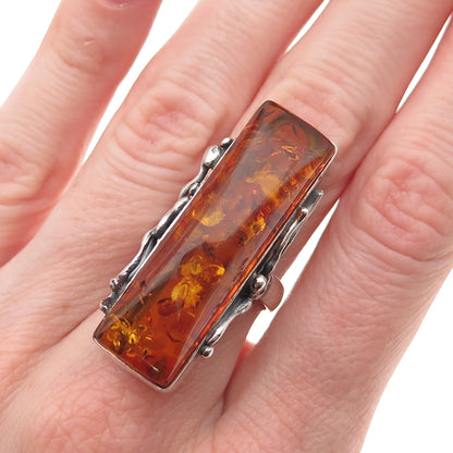925 Sterling Silver Vintage Real Amber Modernist Oxidized Ring Size 6.5