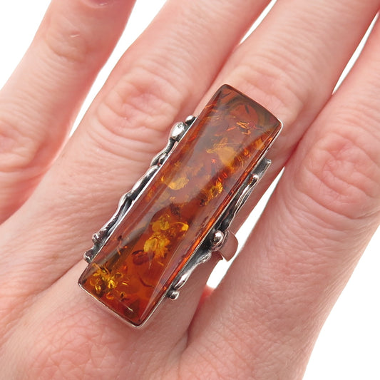 925 Sterling Silver Vintage Real Amber Modernist Oxidized Ring Size 6.5