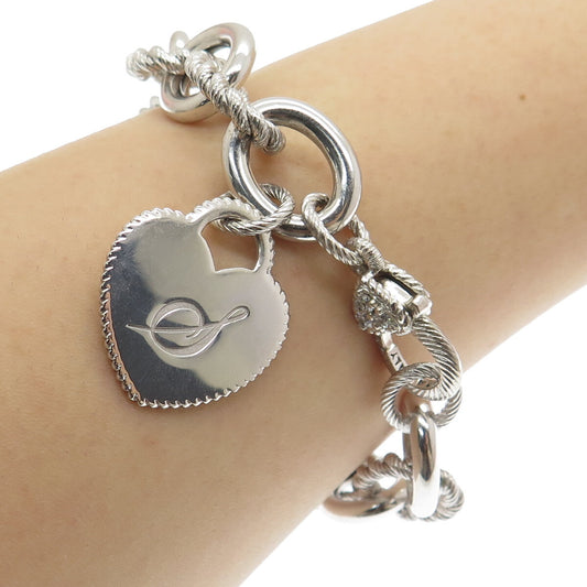 JUDITH RIPKA Sterling Silver C Z Letter "S" Heart Tag Oval Link Bracelet 7.75"
