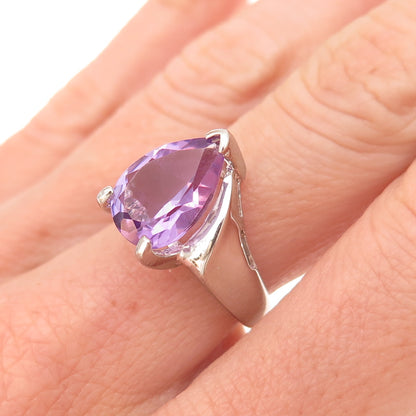Han 925 Sterling Silver Vintage Real Pear-Cut Amethyst Ring Size 6.5