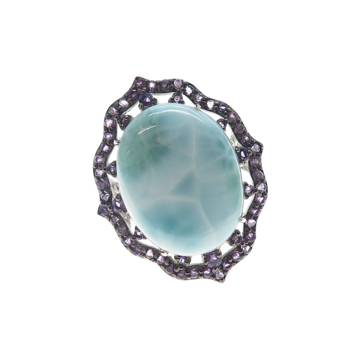 925 Sterling Silver Real Larimar & Amethyst Ring Size 7.25